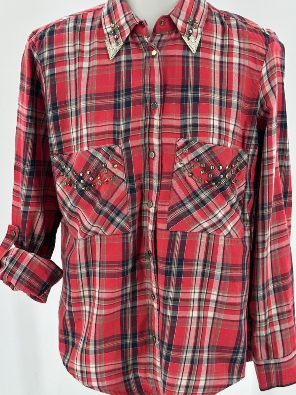 Zara Woman Cowboy Western Shirt Snap Button Studded Pockets Red Plaid Roll Tab L